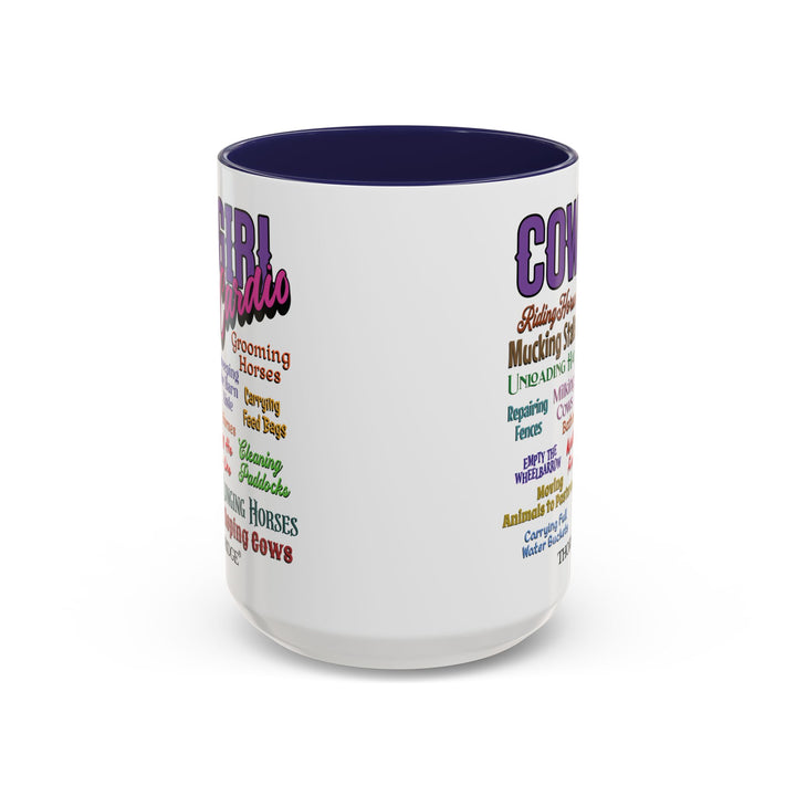 Mug with 'Cowgirl Cardio' text and blue handle on a white background