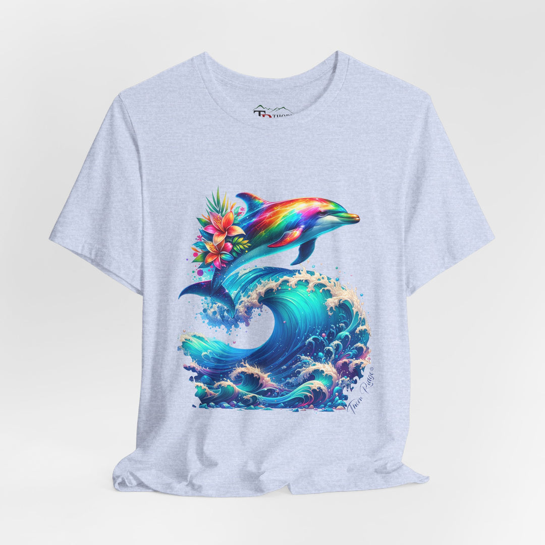 Colorful rainbow dolphin with flowers on its back near its tail jumping over a curling ocean wave. Labeled Thorn Ridge®. 