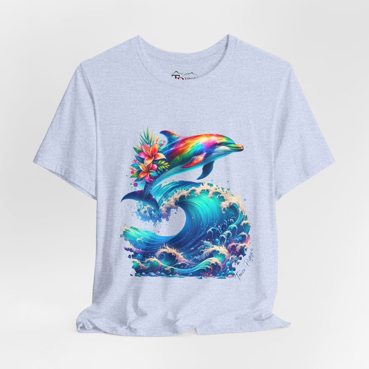 Colorful rainbow dolphin with flowers on its back near its tail jumping over a curling ocean wave. Labeled Thorn Ridge®. 