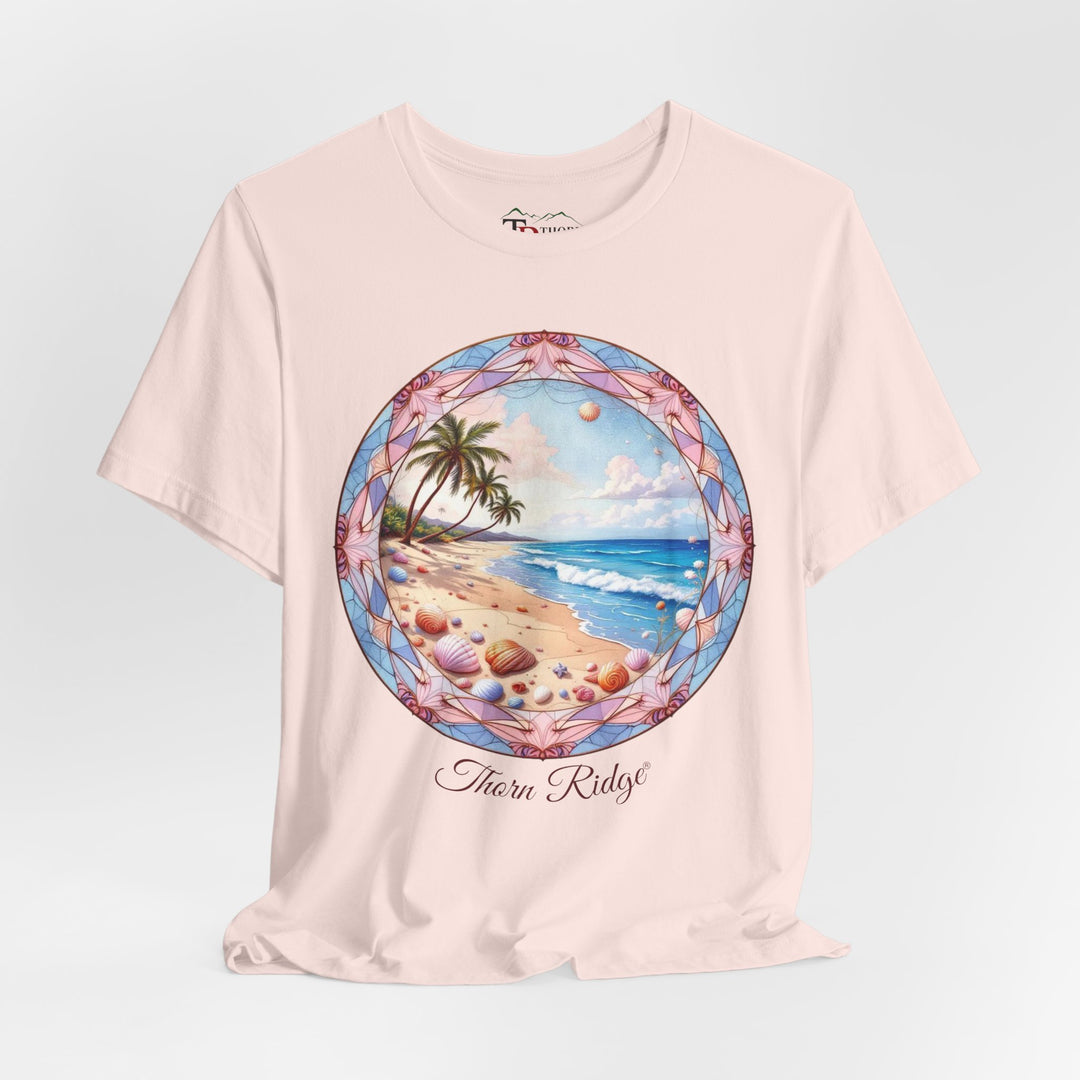 t-shirt with a beach scene graphic and 'Thorn Ridge' branding on a white background