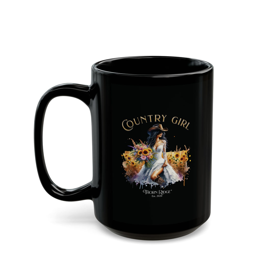Country Girl brunette in a feild of flowers mug by Thorn Ridge®