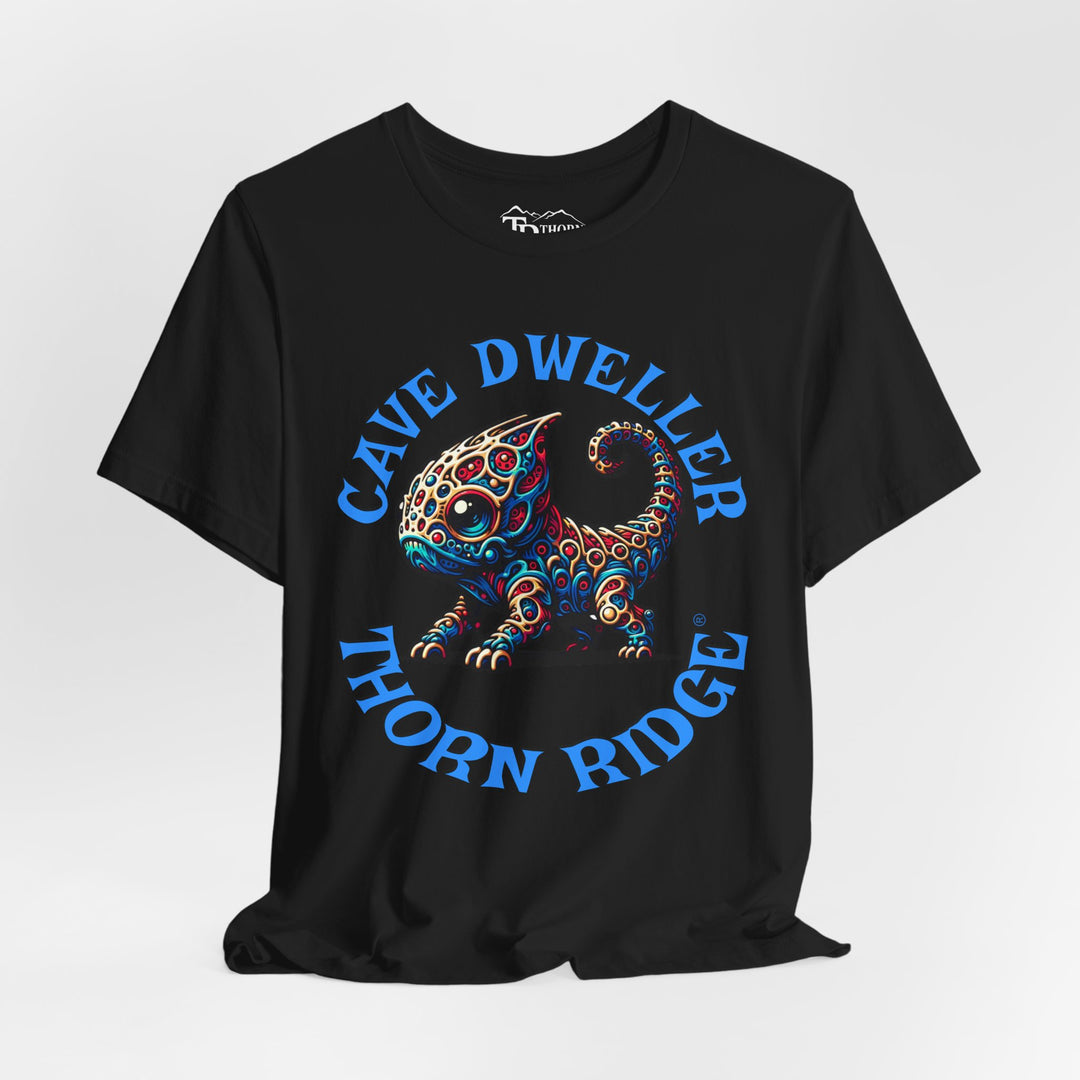 Cave Dweller funny lizard creature graphic tee labeled Thorn Ridge®