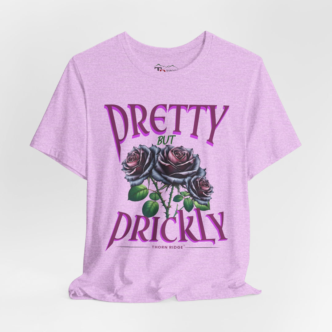 Pretty But Prickly Thorn Ridge Roses Branded t-shirt in purple with black and purple roses. 