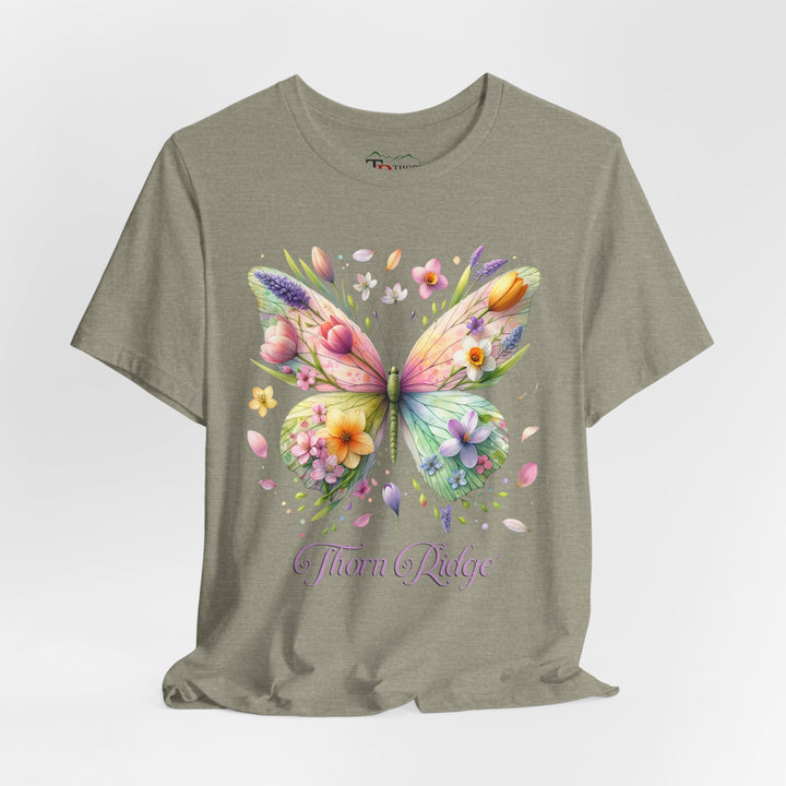 Floral butterfly tee in pastel colors labeled Thorn Ridge®