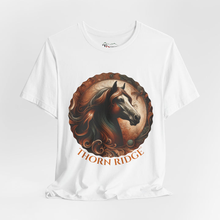 elegant horse head circular graphic  in brown tones t-shirt labeled Thorn Ridge®