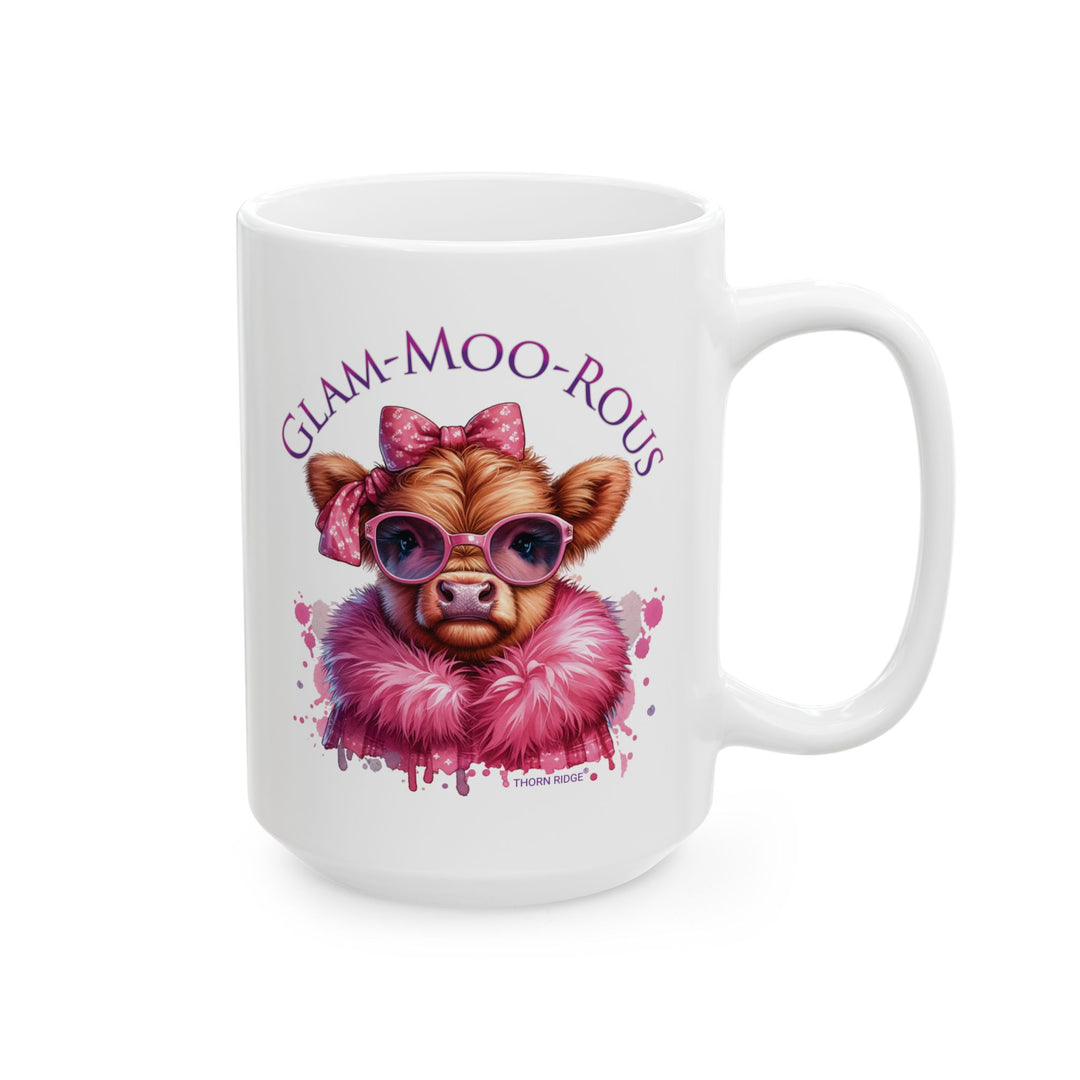 Thorn Ridge® Mug with a cow wearing glasses and fur colored jacket in hot pink and the text 'GLAM-MOO-ROUS' on a white background.