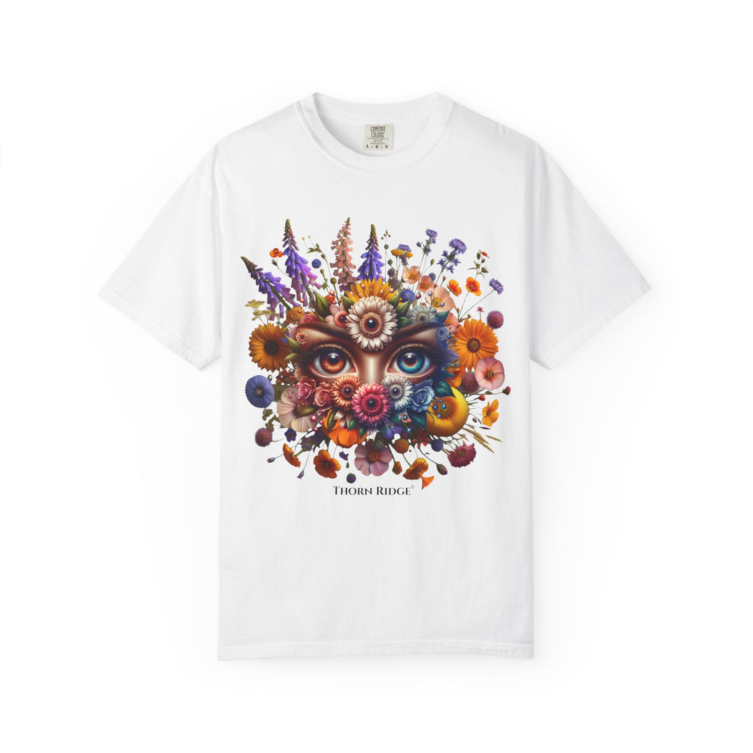 t-shirt with a colorful floral design and eyes in the center that seem like they're watching you. Branded Thorn Ridge®.