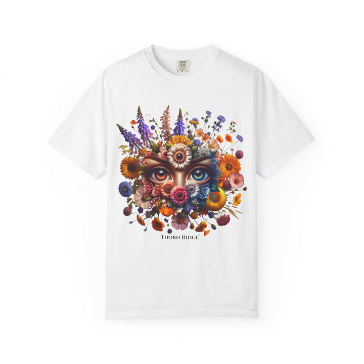 t-shirt with a colorful floral design and eyes in the center that seem like they're watching you. Branded Thorn Ridge®.
