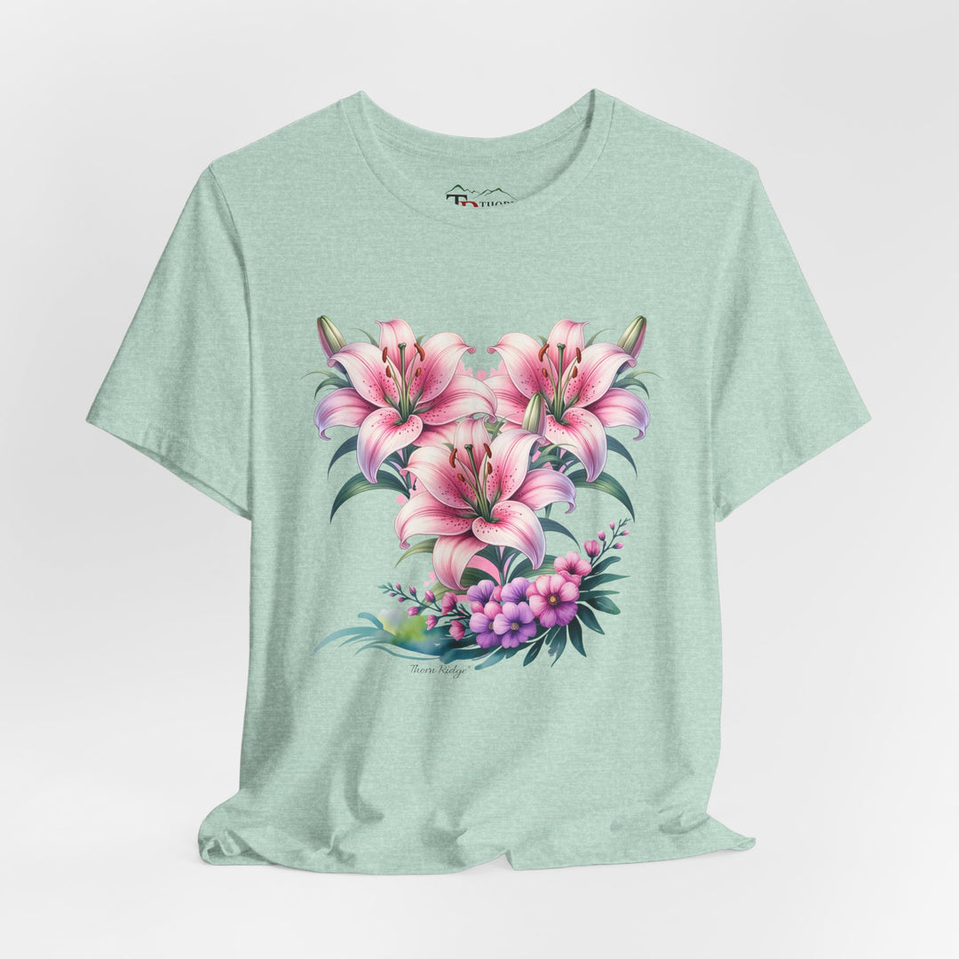 t-shirt with pink floral design of three lillies branded to Thorn Ridge®