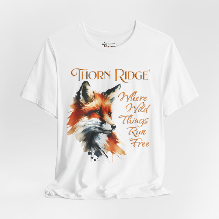 Where Wild Thing Run Free graphic tee with a fox labeled Thorn Ridge®