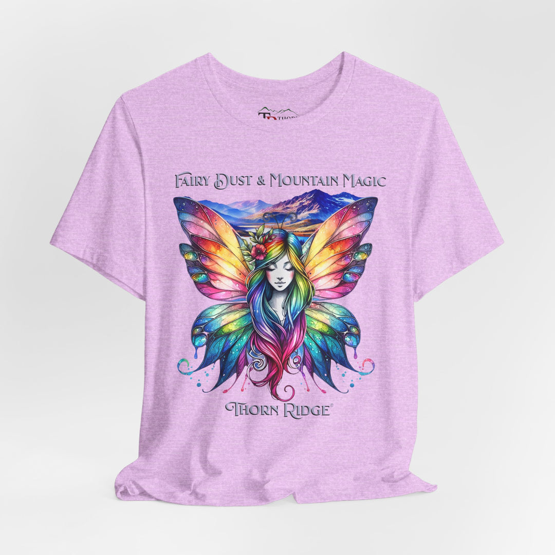 Fairy Dust and Mountain Magic graphic tee with a winged fairy in the front and mountains in the background labeled Thorn Ridge®
