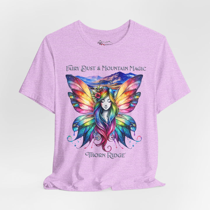 Fairy Dust and Mountain Magic graphic tee with a winged fairy in the front and mountains in the background labeled Thorn Ridge®