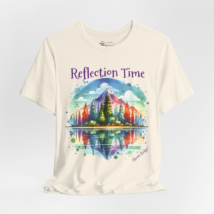 t-shirt with 'Reflection Time' graphic design featuring a mountain and lake scene labeled Thorn Ridge®