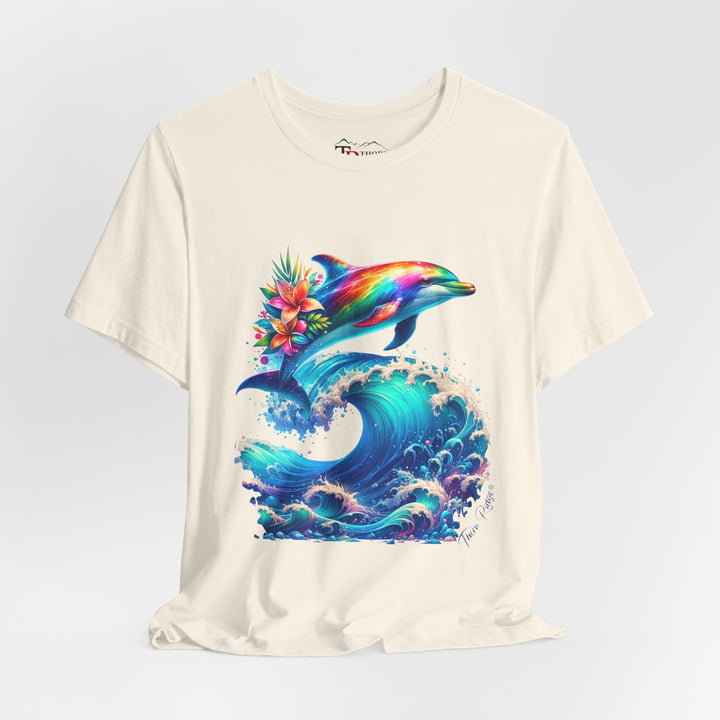 Colorful rainbow dolphin with flowers on its back near its tail jumping over a curling ocean wave. Labeled Thorn Ridge®. 