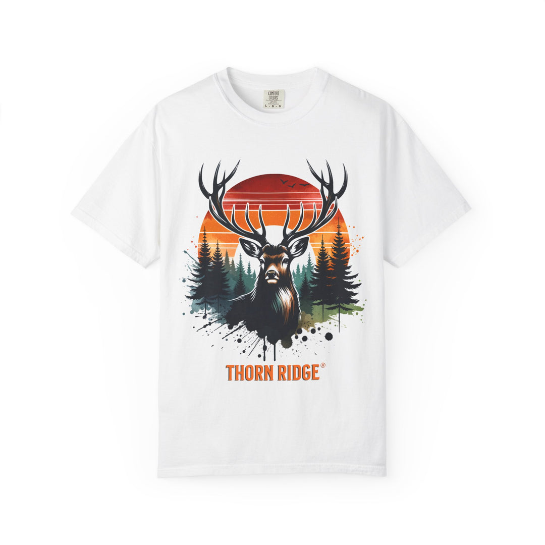 Buck At Sunset Tee labeled Thorn Ridge®