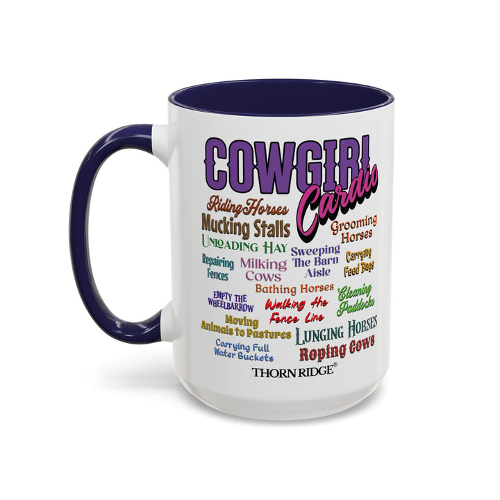 Mug with 'Cowgirl Cardio' text and blue handle on a white background