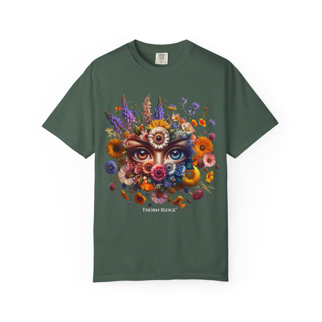 t-shirt with a colorful floral design and eyes in the center that seem like they're watching you. Branded Thorn Ridge®.