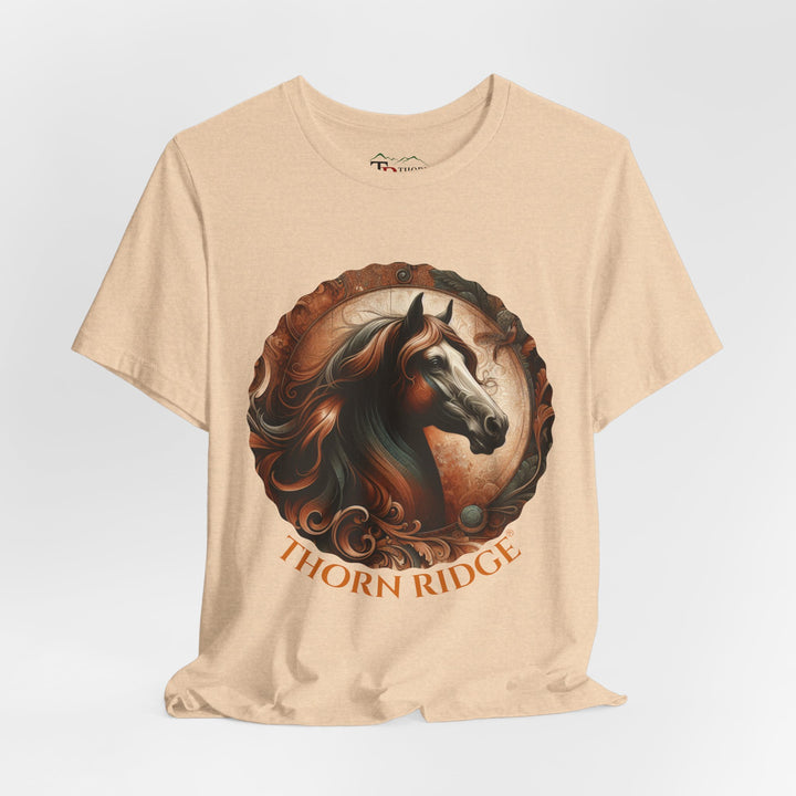 elegant horse head circular graphic  in brown tones t-shirt labeled Thorn Ridge®