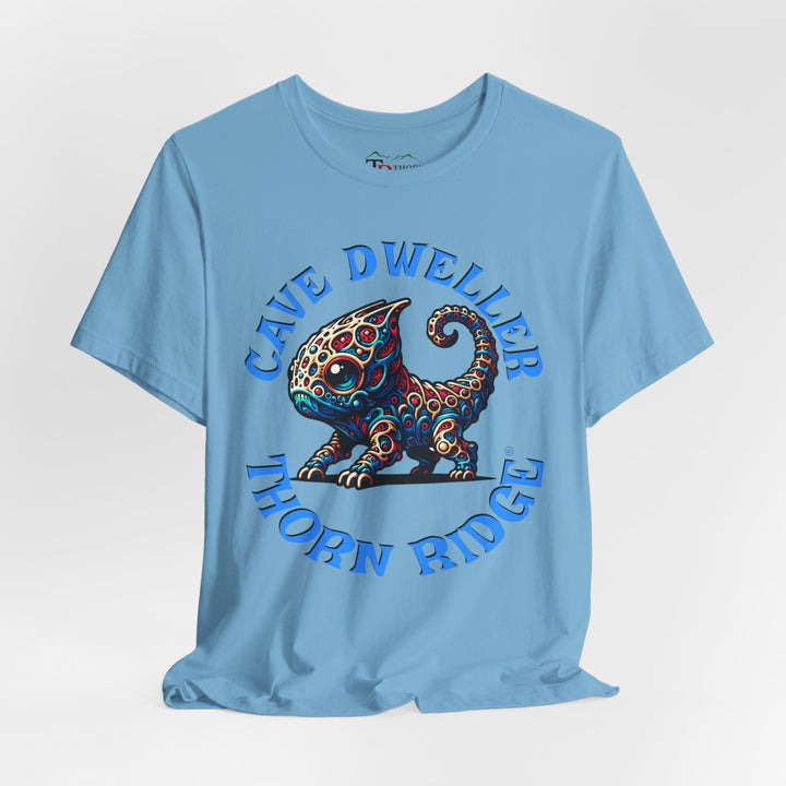 Cave Dweller funny lizard creature graphic tee labeled Thorn Ridge®