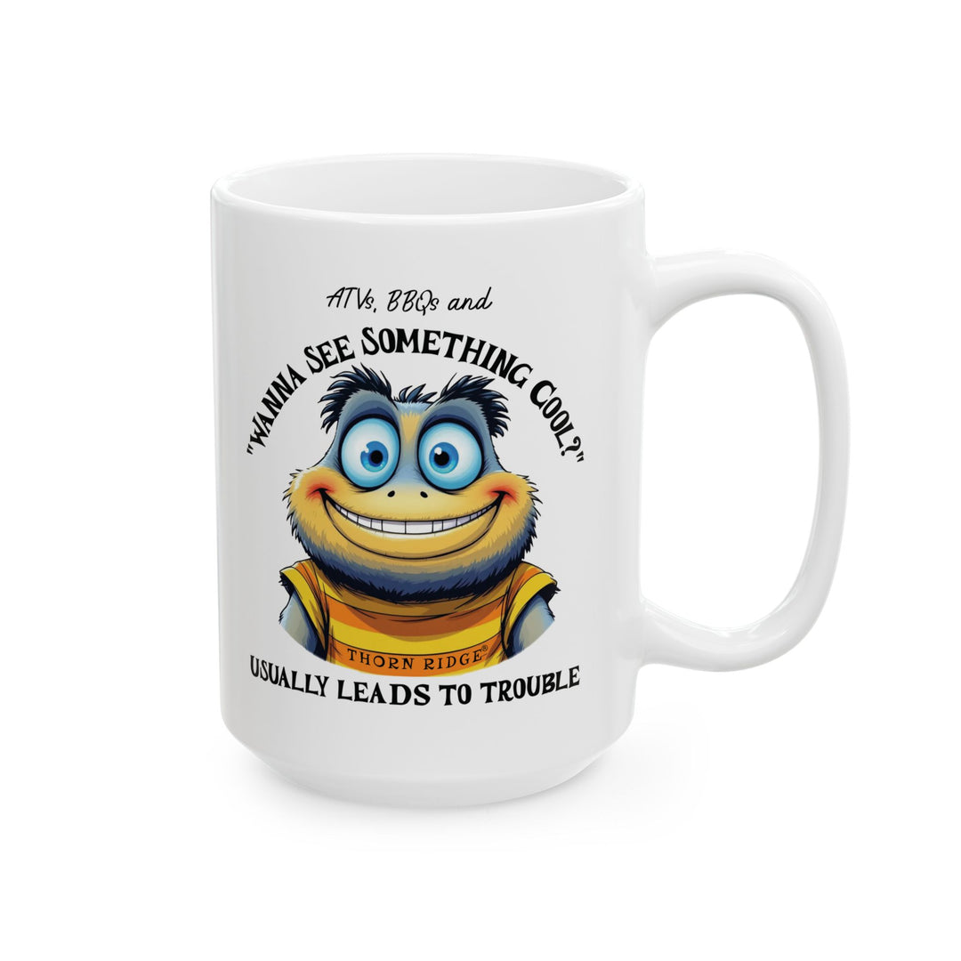 Wanna See Something Cool Mug with big eyed smiling cartoon character by Thorn Ridge®