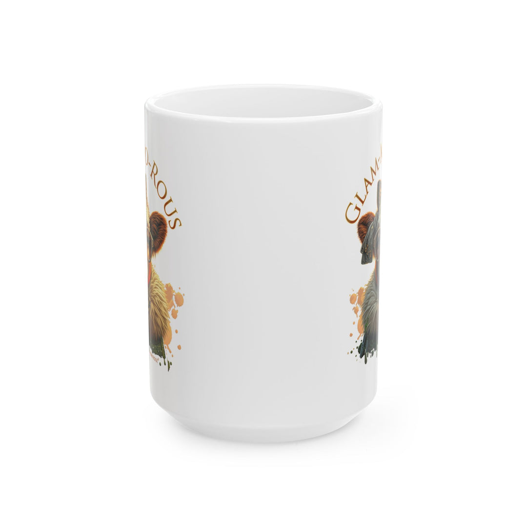 Thorn Ridge® Mug with a cow wearing glasses and fur colored jacket in brown tones and the text 'GLAM-MOO-ROUS' on a white background.