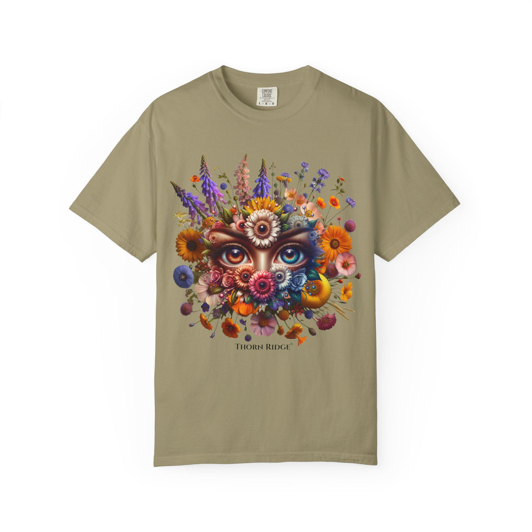 t-shirt with a colorful floral design and eyes in the center that seem like they're watching you. Branded Thorn Ridge®.