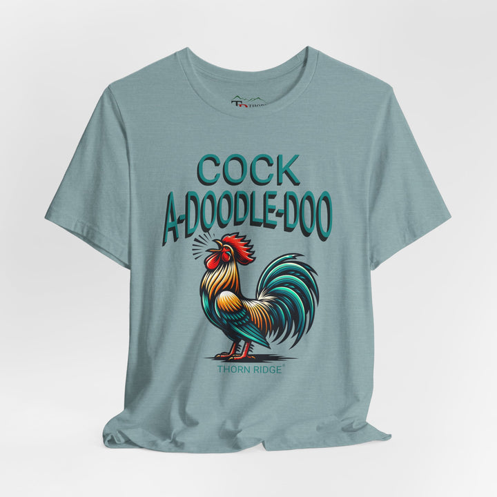 t-shirt with colorful rooster graphic and 'Cock A-Doodle-Doo' text labeled Thorn Ridge®