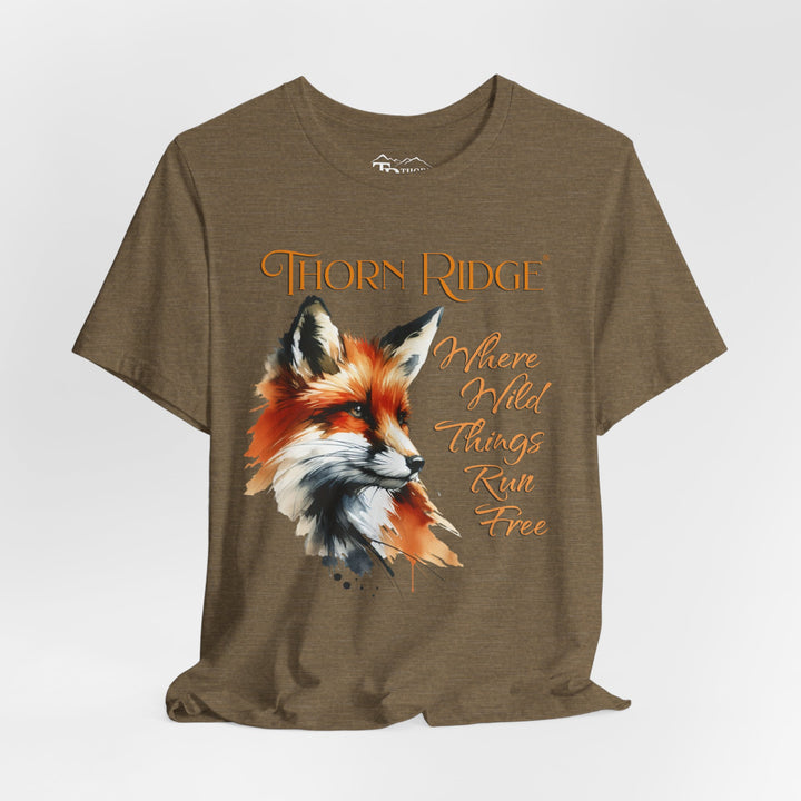 Where Wild Thing Run Free graphic tee with a fox labeled Thorn Ridge®