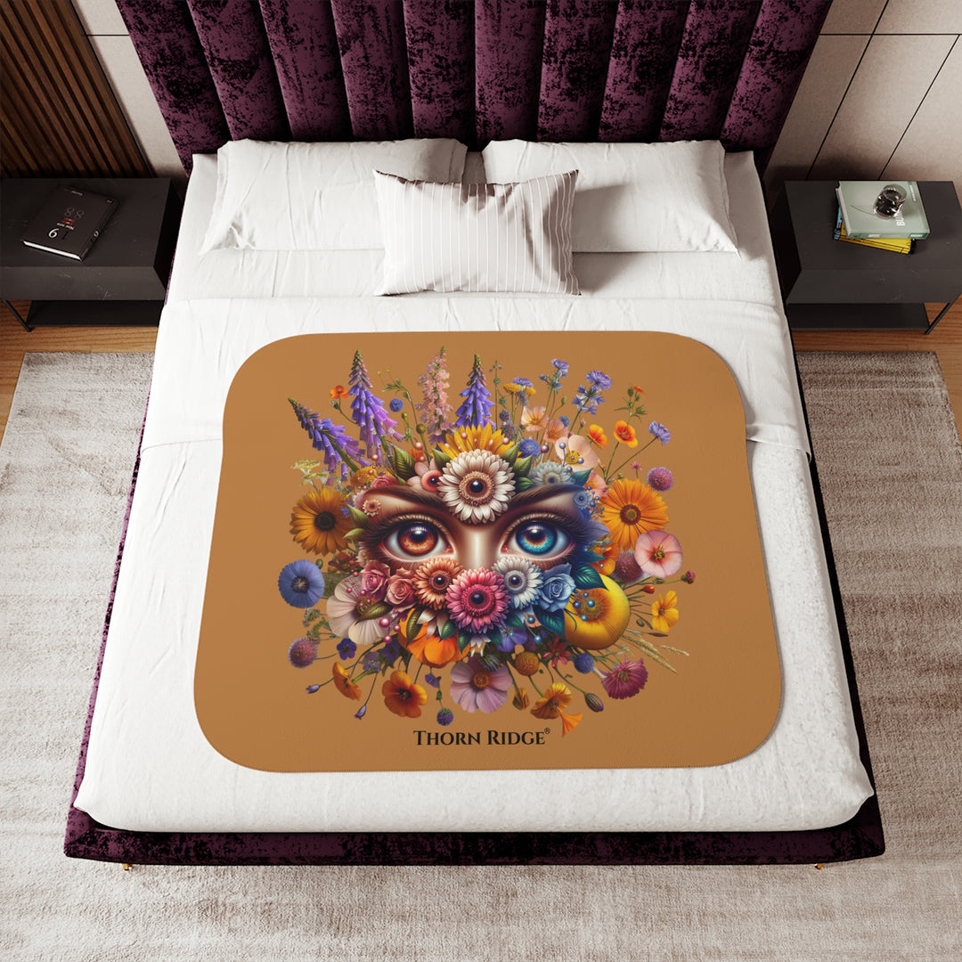 Colorful floral design with eyes on a brown background, featuring the brand 'Thorn Ridge'.