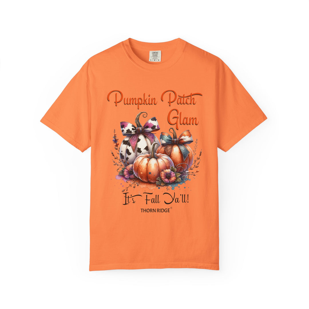 Pumpkin Patch Glam graphic tee with pumpkins wearing cow print bows labeled Thorn Ridge®