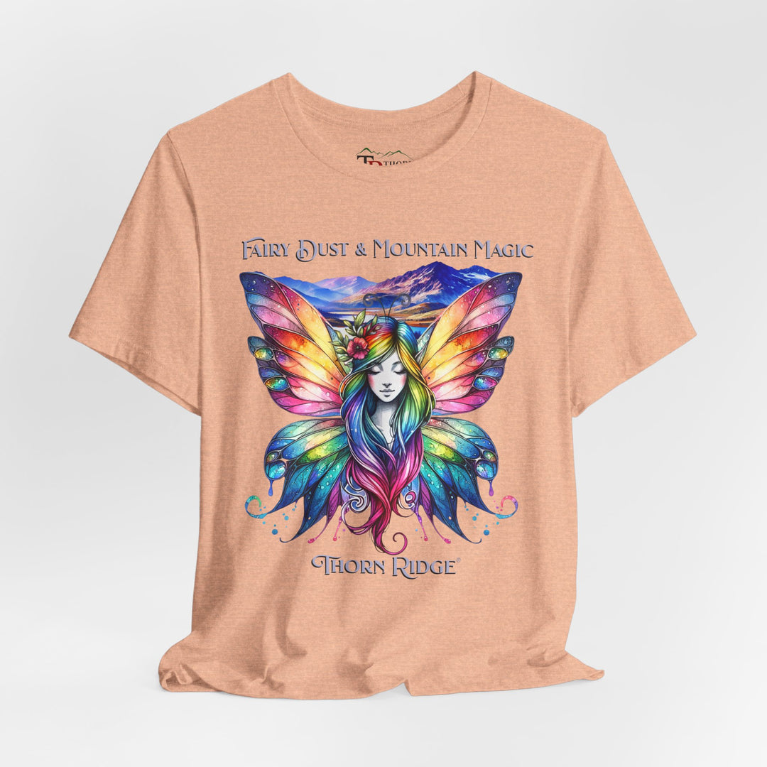 Fairy Dust and Mountain Magic graphic tee with a winged fairy in the front and mountains in the background labeled Thorn Ridge®