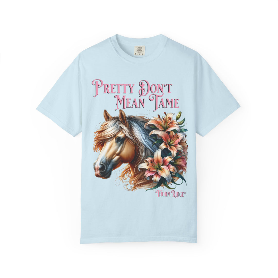 Pretty Don't Mean Tame graphic tee with a horse head and flowers branded to Thorn Ridge®