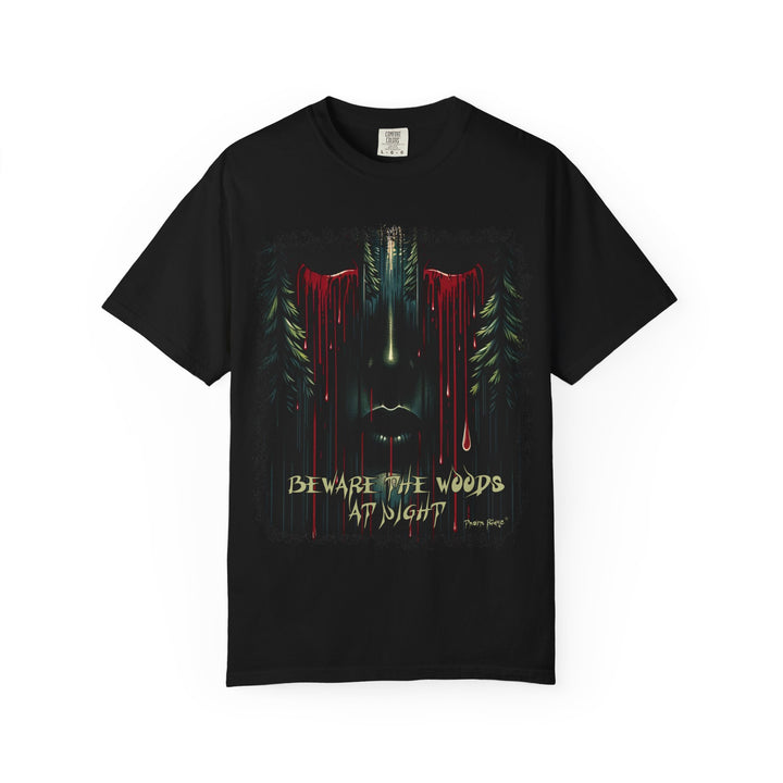 Beware The Woods At Night Graphic of a face emerging from the pines with blood dripping from the closed eyes and mouth. Halloween shirt. Labeled Thorn Ridge.