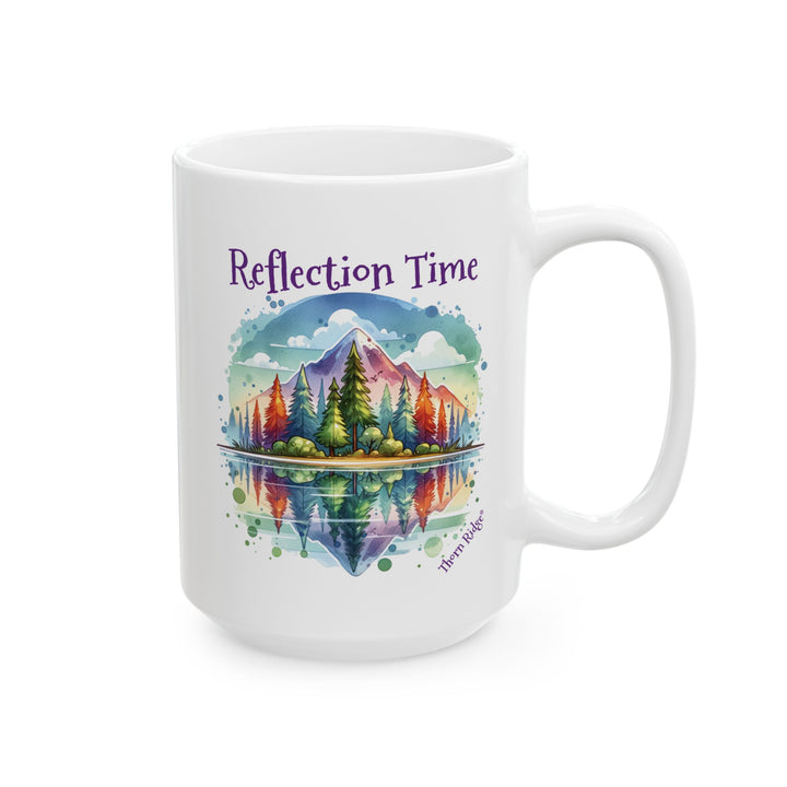 White mug with a colorful nature scene and 'Reflection Time' text by Thorn Ridge®