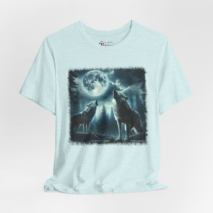 t-shirt with a graphic of two wolves howling at a moonlit sky branded Thorn Ridge®
