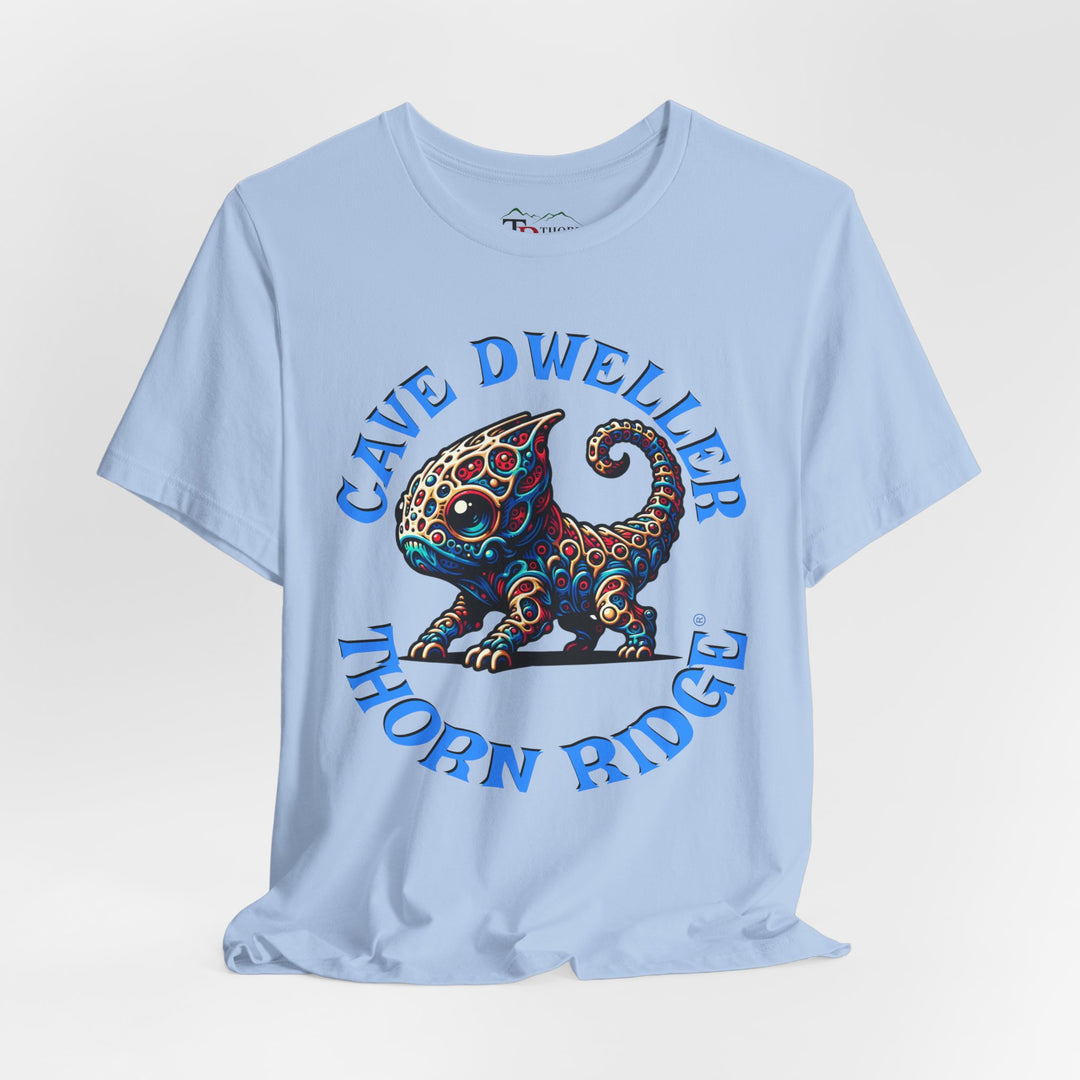 Cave Dweller funny lizard creature graphic tee labeled Thorn Ridge®