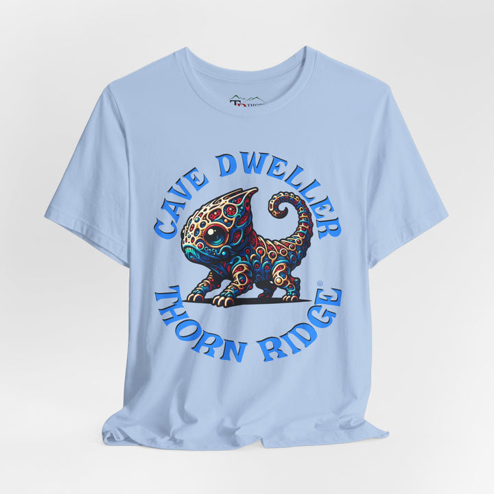 Cave Dweller funny lizard creature graphic tee labeled Thorn Ridge®