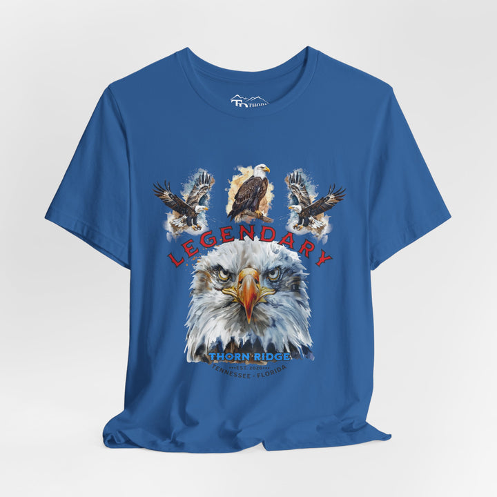 t-shirt with an eagle graphic and 'Legendary' text with three eagles above it
