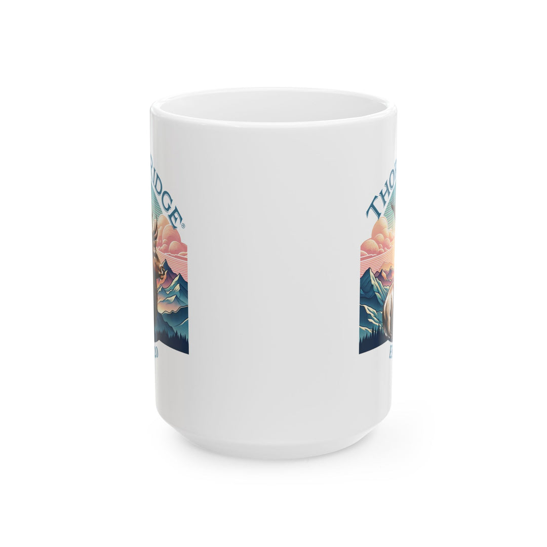 Guardian Buck mug by Thorn Ridge®. White mug with a deer and mountain design and 'Thorn Ridge' text on a white background