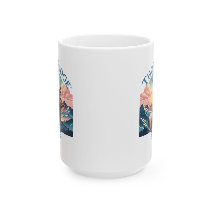 Guardian Buck mug by Thorn Ridge®. White mug with a deer and mountain design and 'Thorn Ridge' text on a white background