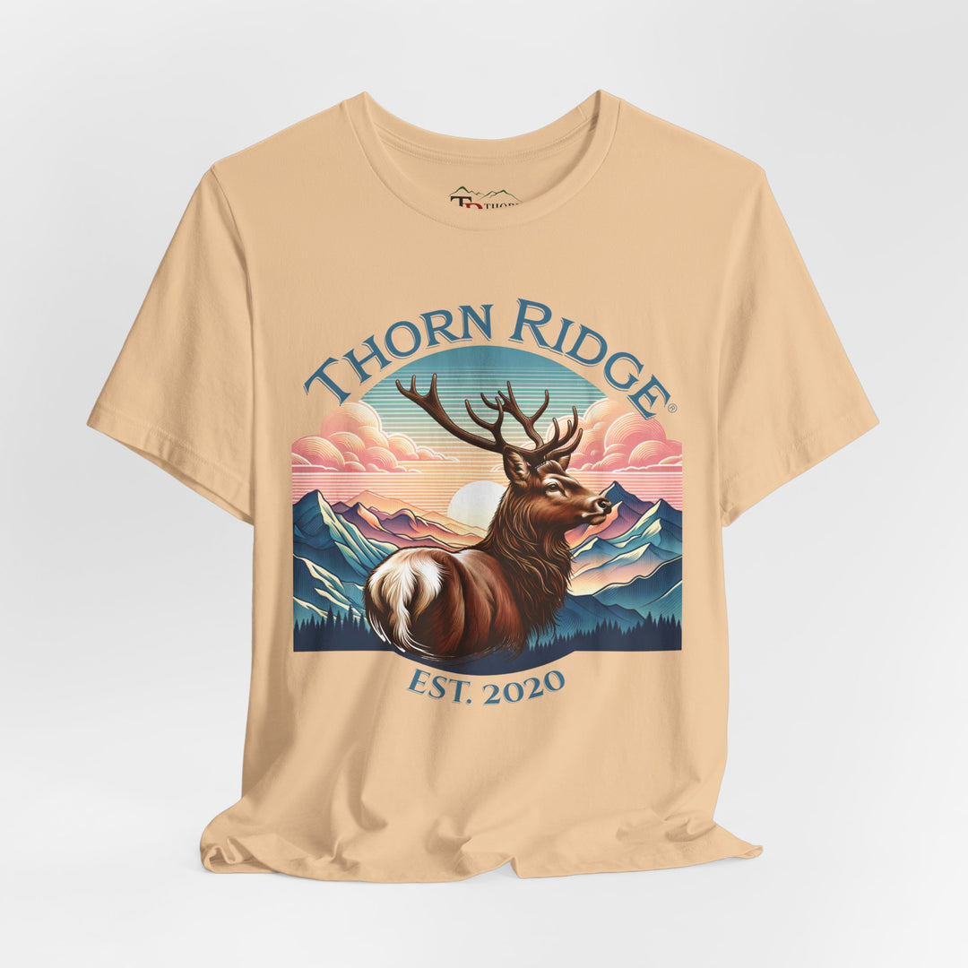 Guardian Buck Tee of a white tailed buck looking out across the mountains labeled Thorn Ridge®