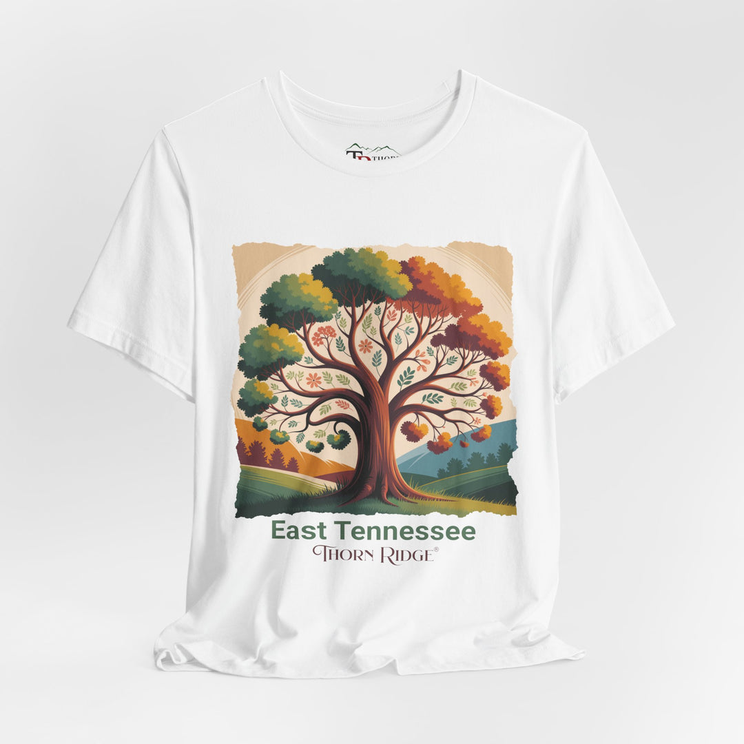 t-shirt with a colorful tree design and 'East Tennessee Thorn Ridge' text showing leaves changing during the fall of the year. 