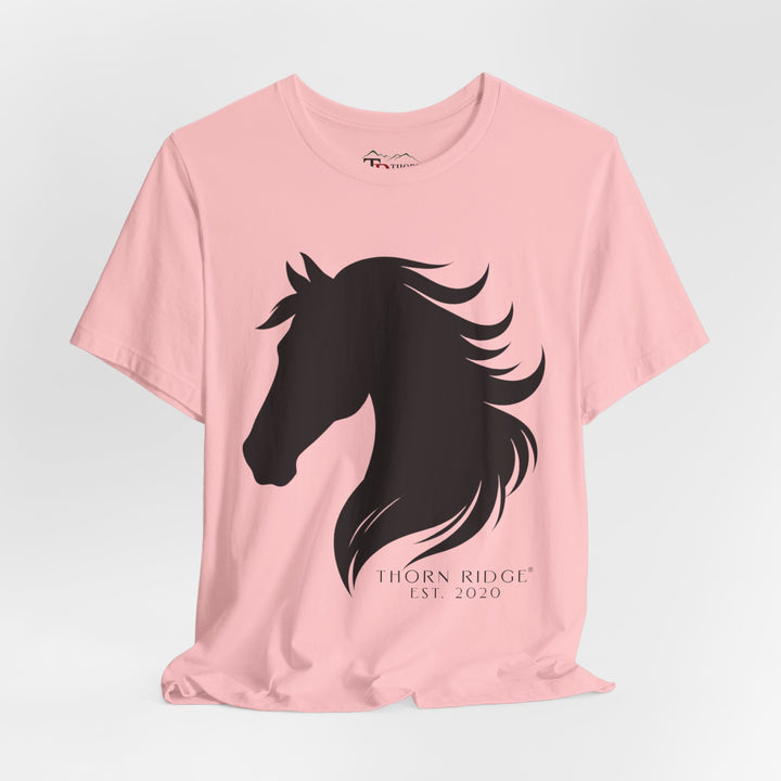 t-shirt with black horse silhouette and 'Thorn Ridge' branding 