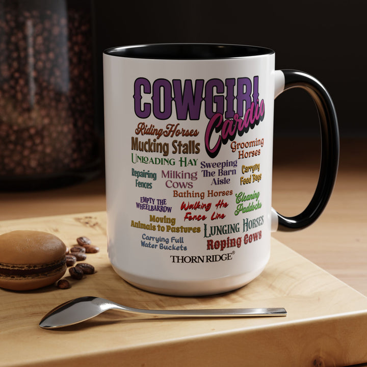 Mug with 'Cowgirl Cardio' text and black handle on a white background