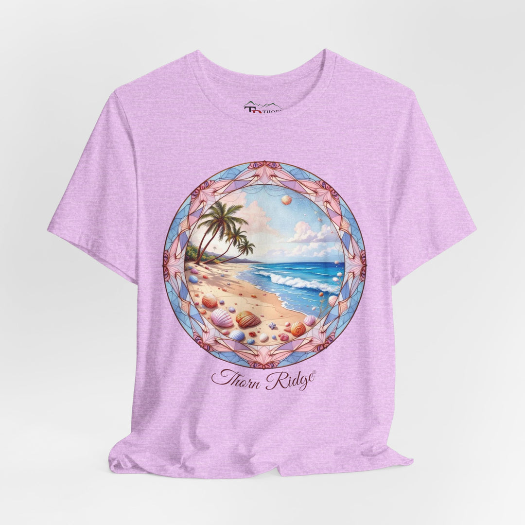 t-shirt with a beach scene graphic and 'Thorn Ridge' branding 