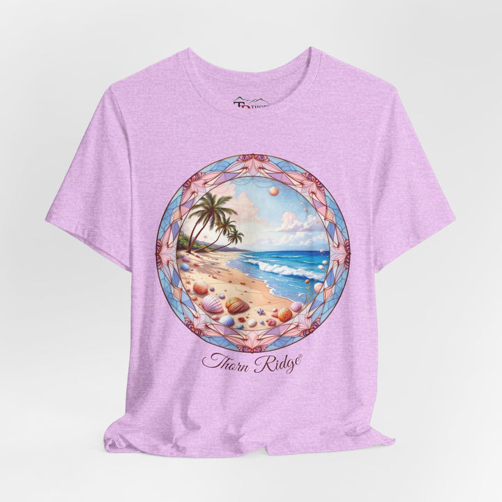 t-shirt with a beach scene graphic and 'Thorn Ridge' branding 