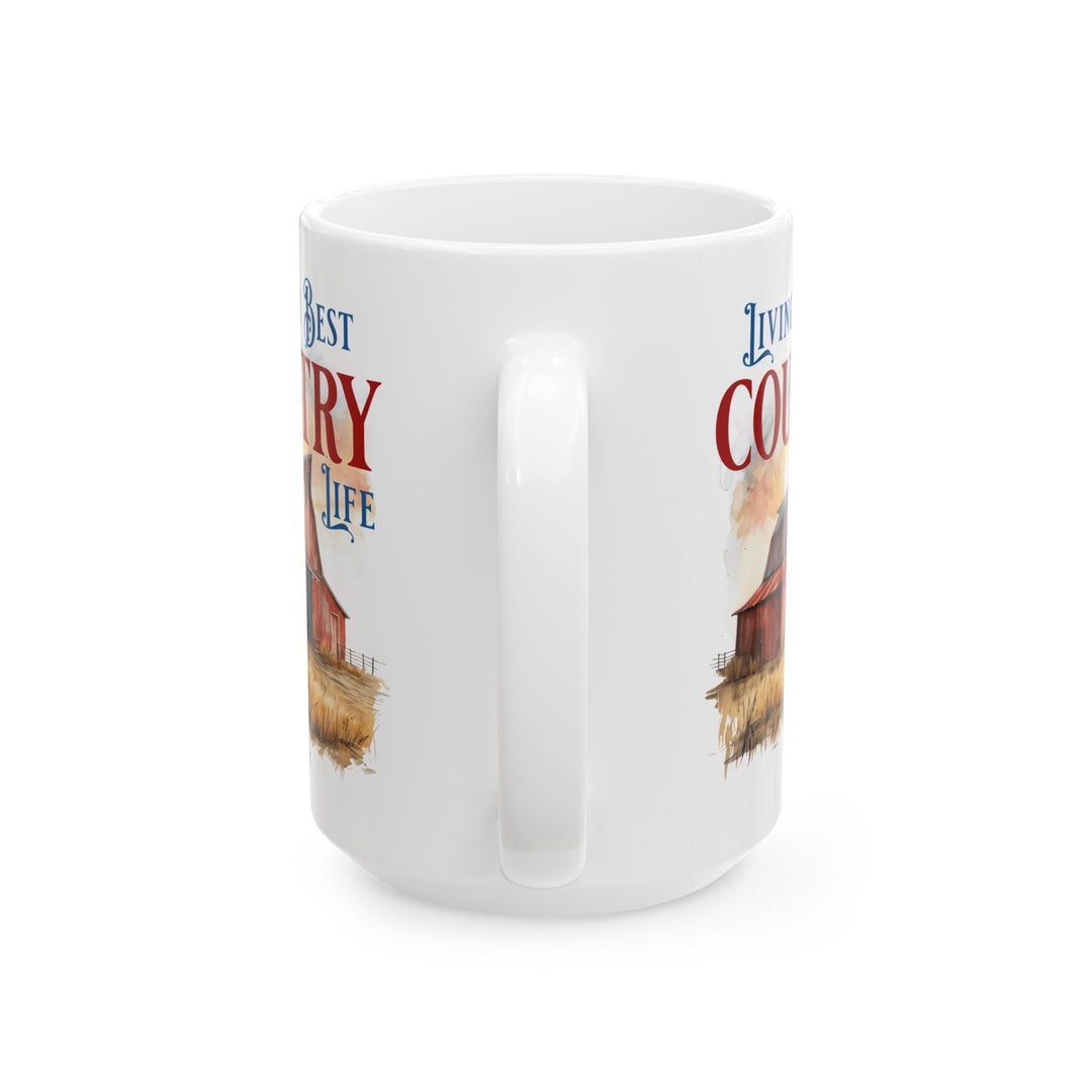 Mug with a red barn illustration and 'Living My Best Country Life' text on a white background with Thorn Ridge branding.