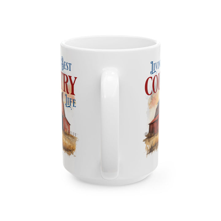 Mug with a red barn illustration and 'Living My Best Country Life' text on a white background with Thorn Ridge branding.