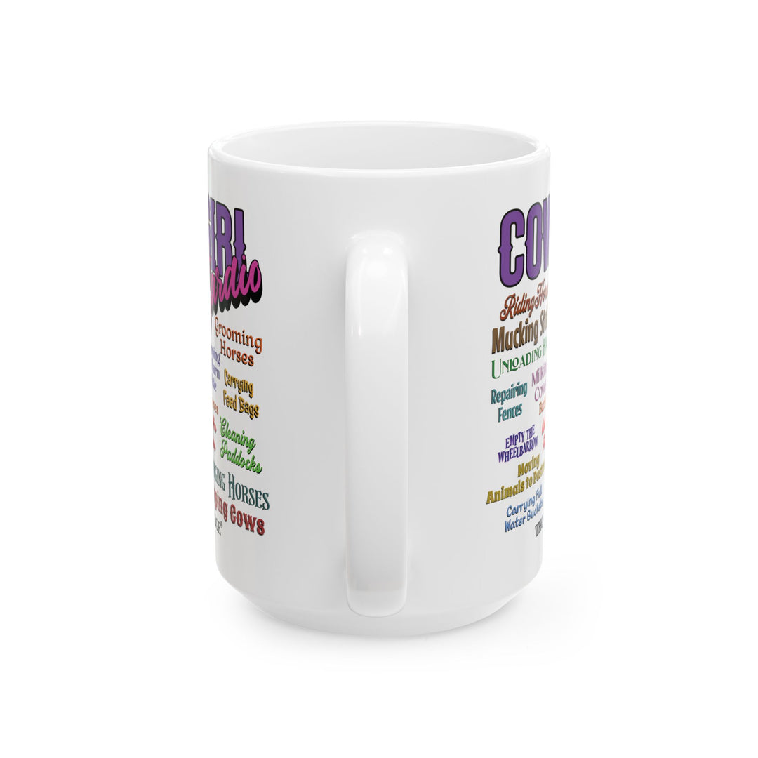 Cowgirl Cardio mug with colorful text listing cowgirl chores on a white background by Thorn Ridge®