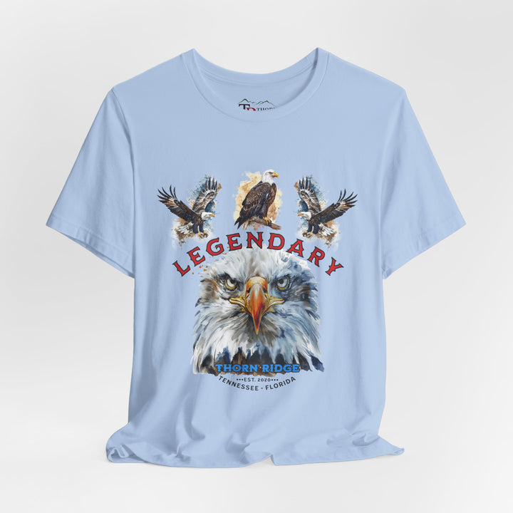 t-shirt with an eagle graphic and 'Legendary' text with three eagles above it